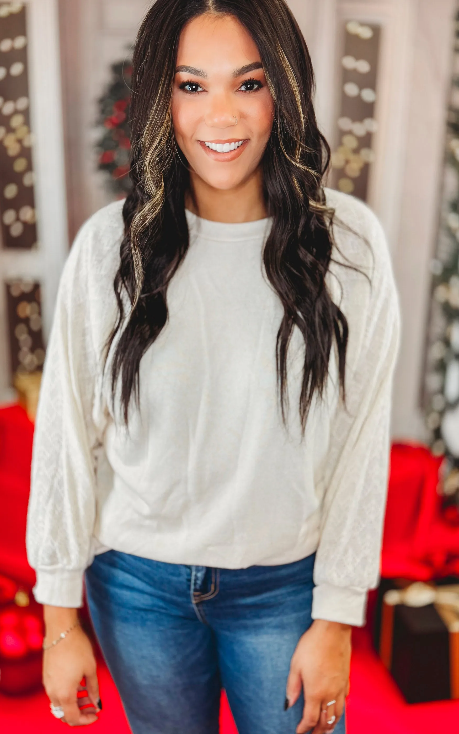 Cream Solid Lace Contrast Long Sleeve Top