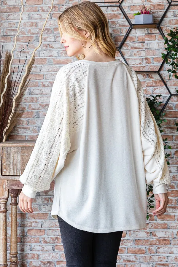 Cream Solid Lace Contrast Long Sleeve Top