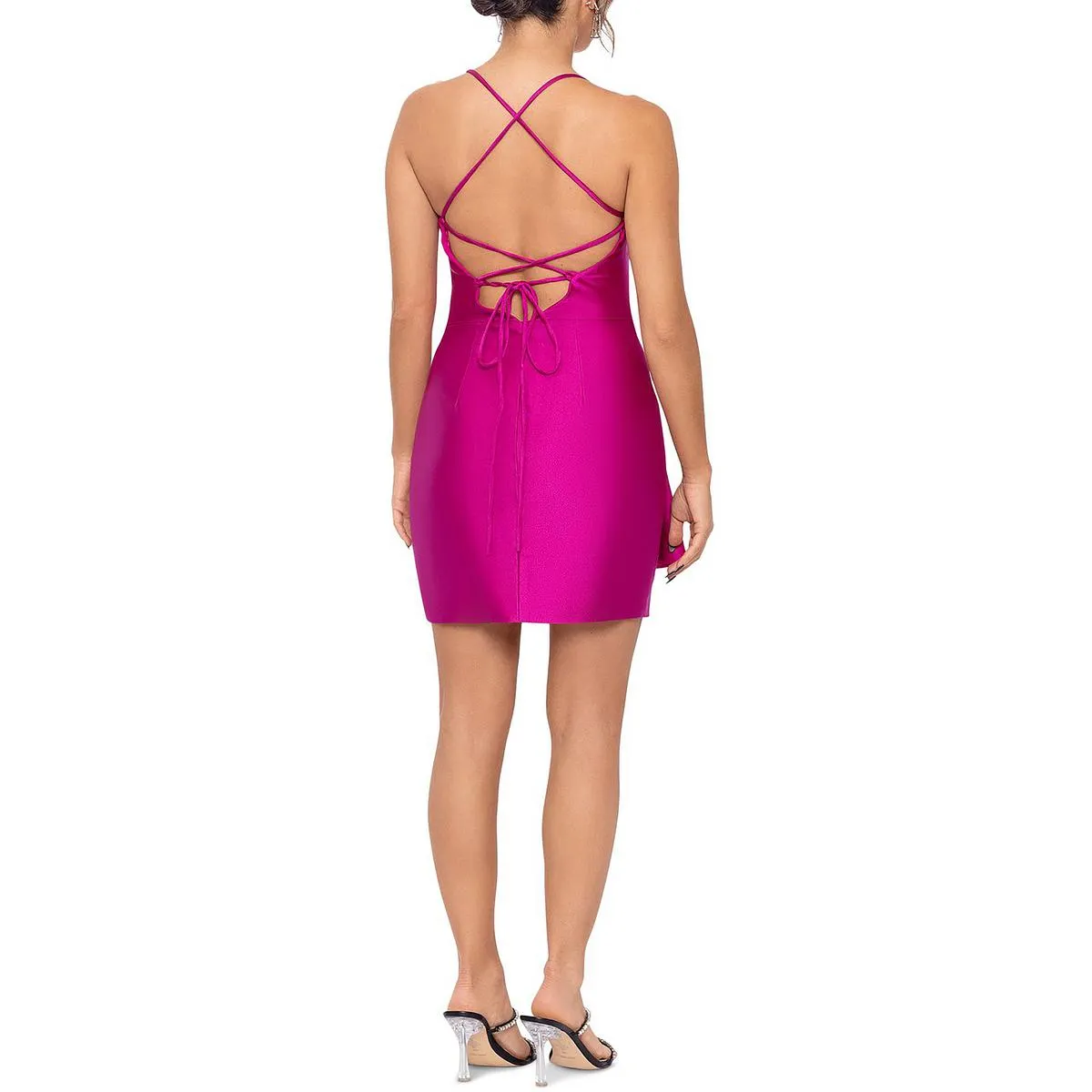 Juniors Womens Satin Ruffled Mini Dress